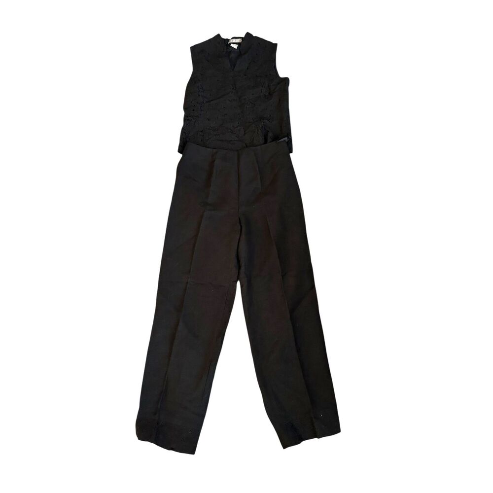 Kenar Black Women's Linen Sleeveless V-Neck Career Suit Floral Embroidery Size 4